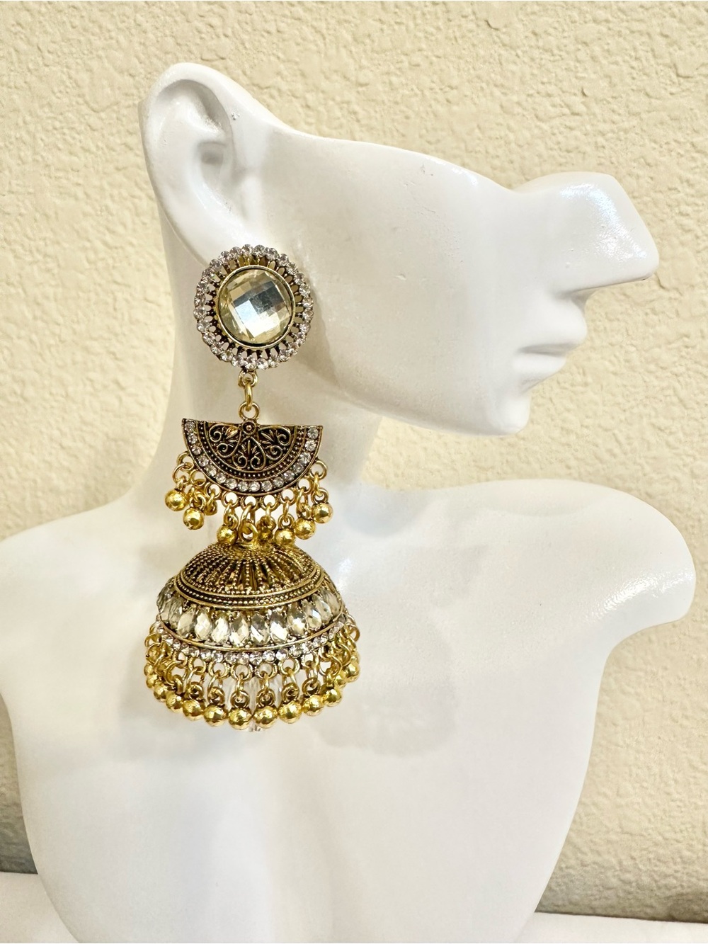 Gold-Tone Jhumka Earrings with Clear Crystal Accent